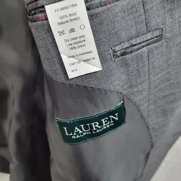 Lauren Ralph Lauren Gray 100% Wool Natural Stretch Sports Jacket Size 48R 11924 - Picture 5 of 10